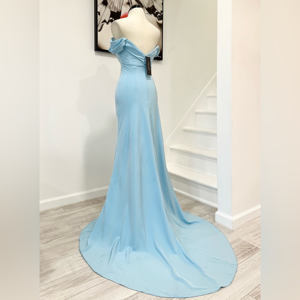 Monique Lhuillier Collection Draped Off-The-Shoulder Silk Gown Blue Maxi Dress - Picture 8 of 15